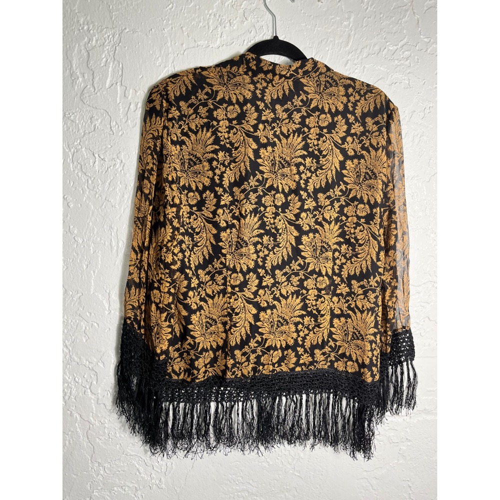 Spenser Jeremy Silk Blouse Black Gold Floral Paisley Fringe Crochet Trim Size 12 - Picture 3 of 6